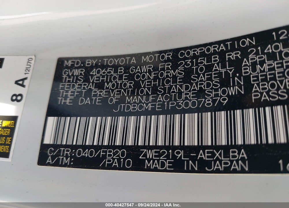 2023 TOYOTA COROLLA HYBRID LE VIN: JTDBCMFE1P3007879
