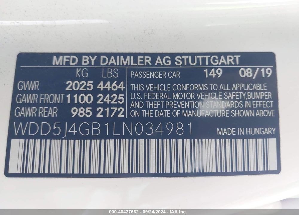 2020 MERCEDES-BENZ CLA 250 VIN: WDD5J4GB1LN034981