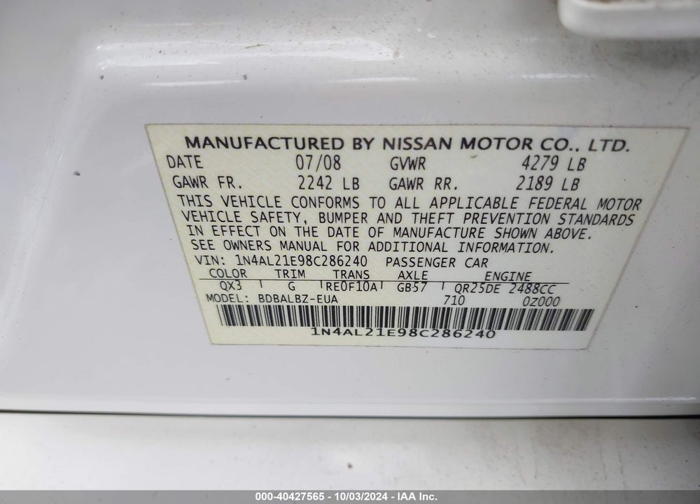 2008 NISSAN ALTIMA 2.5 S VIN: 1N4AL21E98C286240