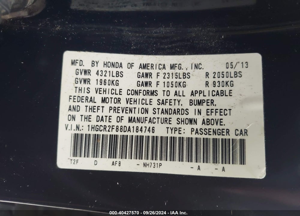 2013 HONDA ACCORD EX-L VIN: 1HGCR2F88DA184746