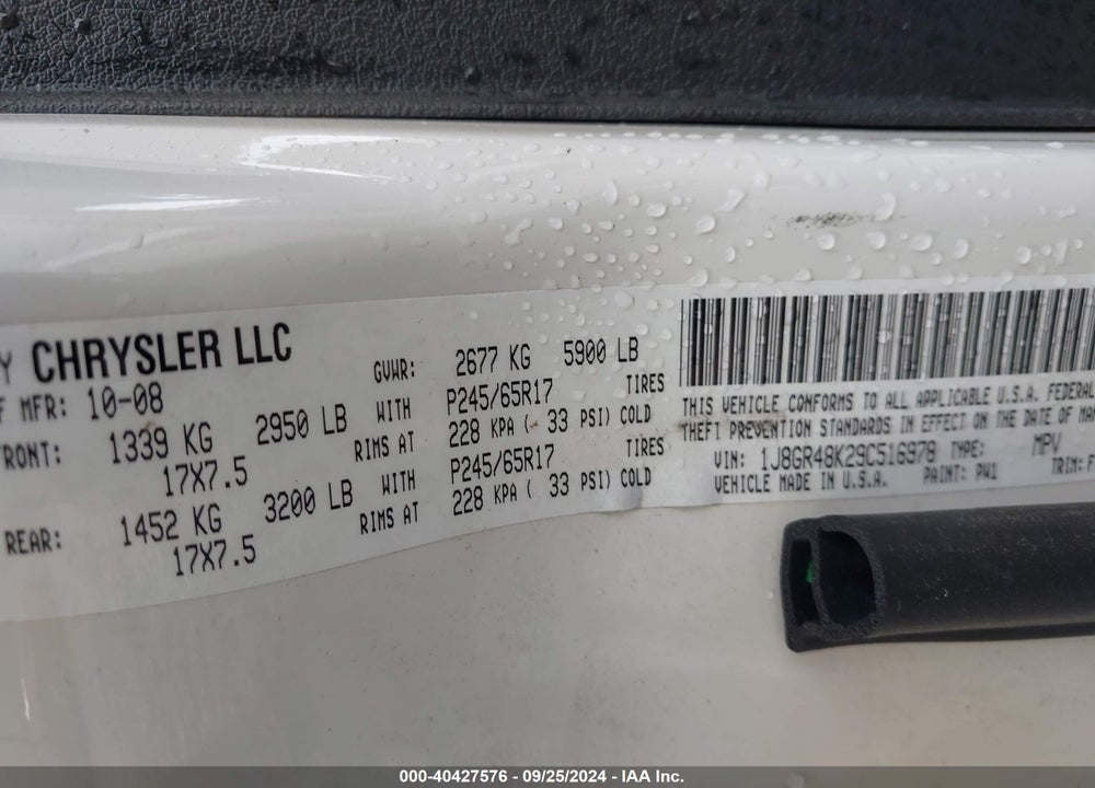 2009 JEEP GRAND CHEROKEE LAREDO VIN: 1J8GR48K29C516978