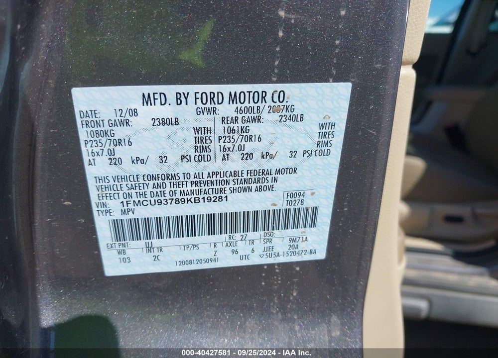 2009 FORD ESCAPE XLT VIN: 1FMCU93789KB19281