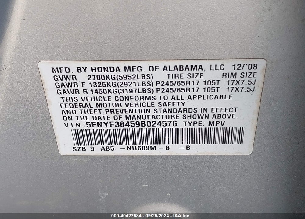 2009 HONDA PILOT EX VIN: 5FNYF38459B024576