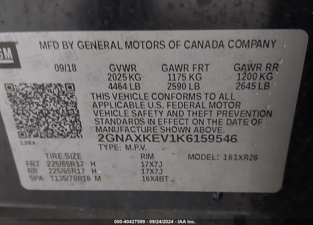 2019 CHEVROLET EQUINOX VIN: 2GNAXKEV1K6159546