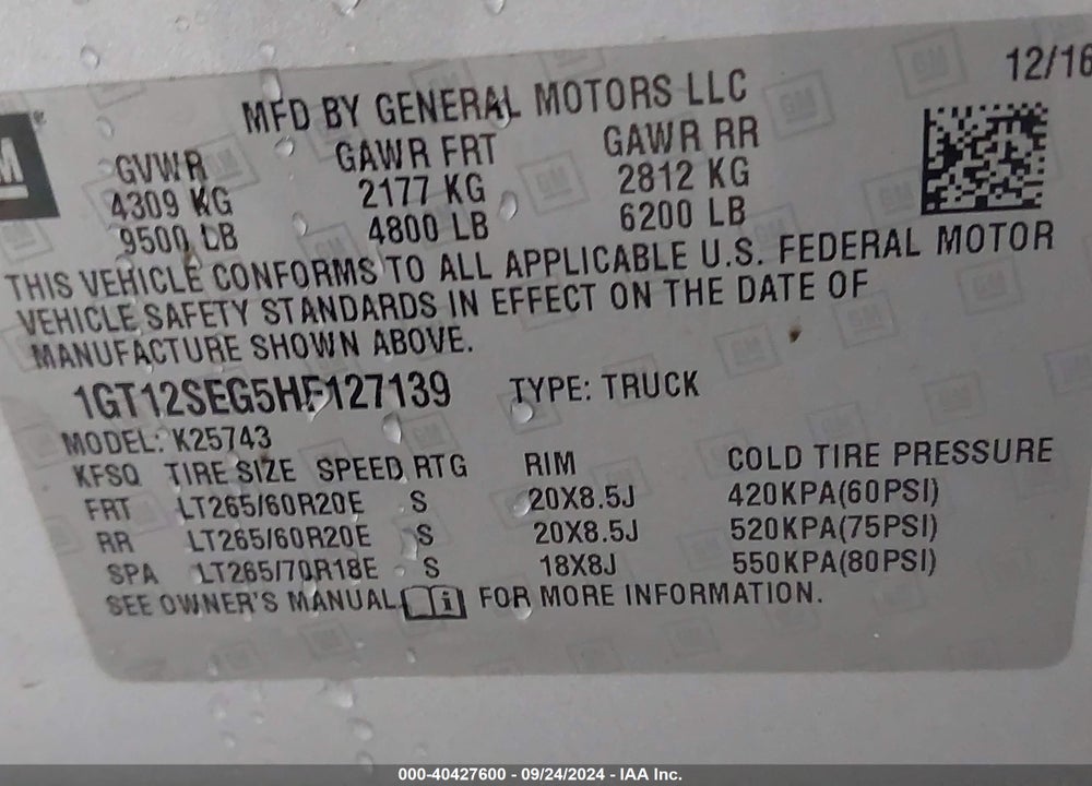2017 GMC SIERRA 2500HD SLE VIN: 1GT12SEG5HF127139