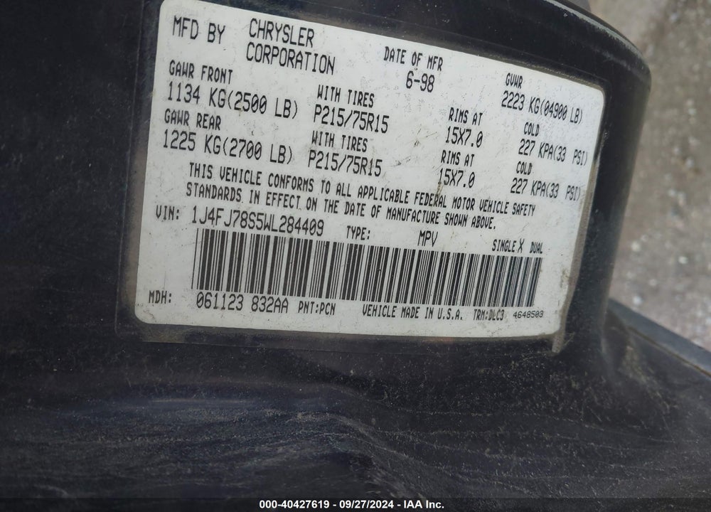 1998 JEEP CHEROKEE LIMITED VIN: 1J4FJ78S5WL284409