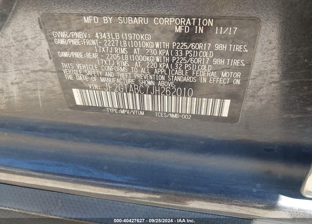 2018 SUBARU CROSSTREK 2.0I PREMIUM VIN: JF2GTABC7JH262010