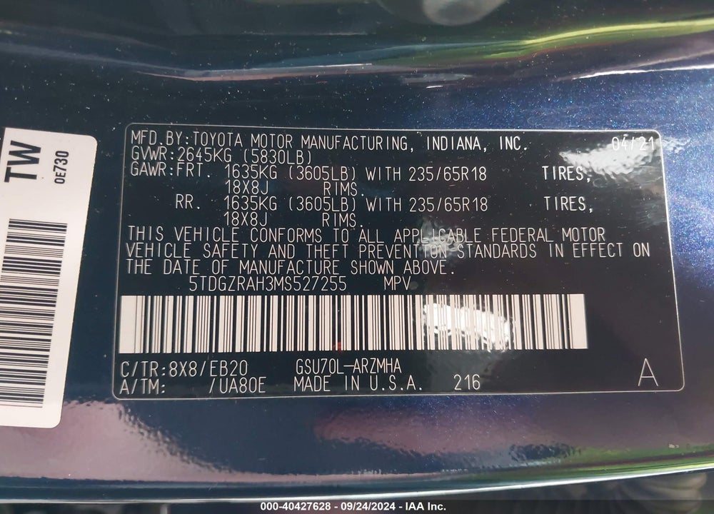 2021 TOYOTA HIGHLANDER XLE VIN: 5TDGZRAH3MS527255
