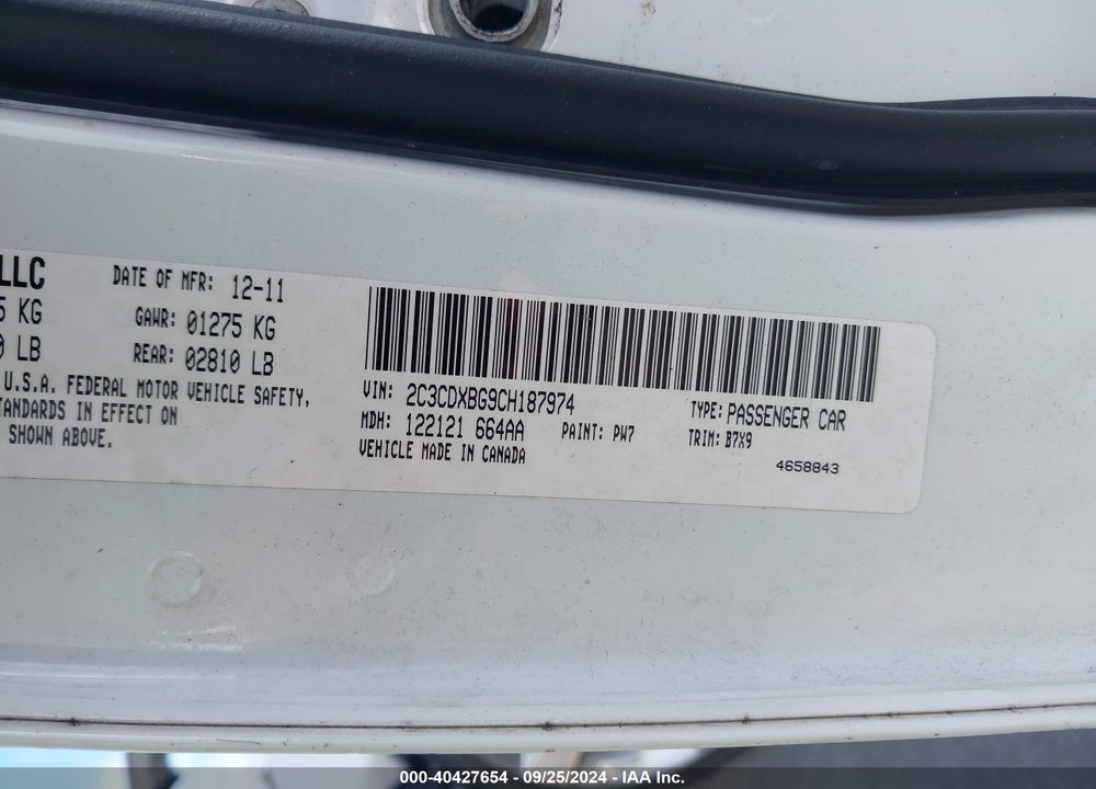 2012 DODGE CHARGER SE VIN: 2C3CDXBG9CH187974