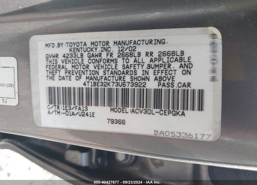 2003 TOYOTA CAMRY XLE VIN: 4T1BE32K73U673922