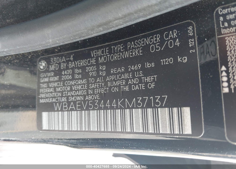 2004 BMW 330I VIN: WBAEV53444KM37137