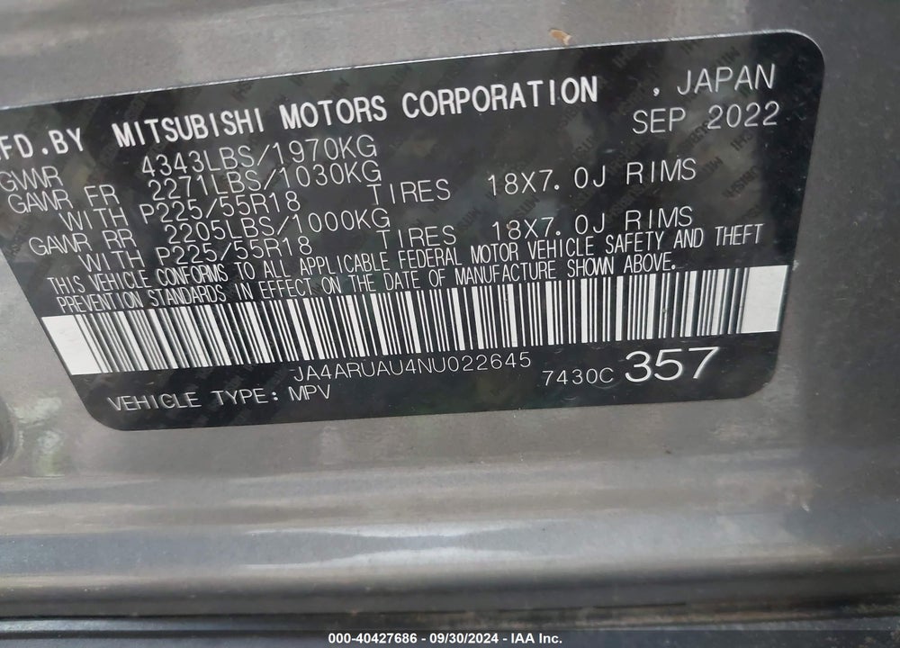 2022 MITSUBISHI OUTLANDER SPORT VIN: JA4ARUAU4NU022645