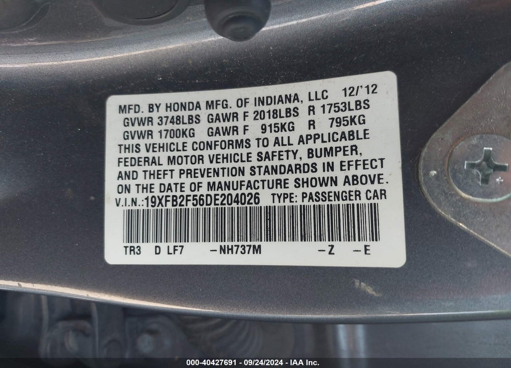 2013 HONDA CIVIC LX VIN: 19XFB2F56DE204026