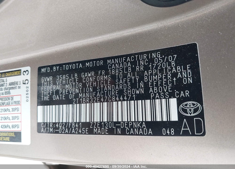 2007 TOYOTA COROLLA LE VIN: 2T1BR32E47C844471
