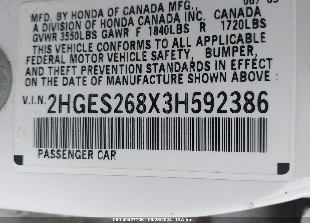 2003 HONDA CIVIC EX VIN: 2HGES268X3H592386