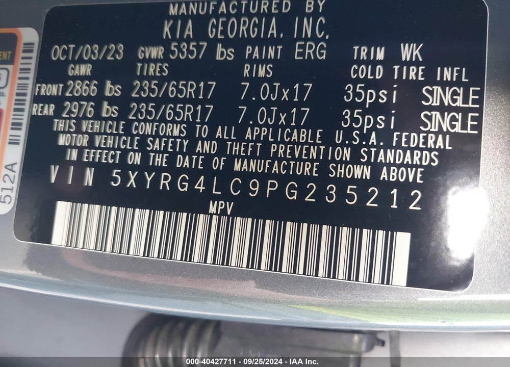 2023 KIA SORENTO LX VIN: 5XYRG4LC9PG235212