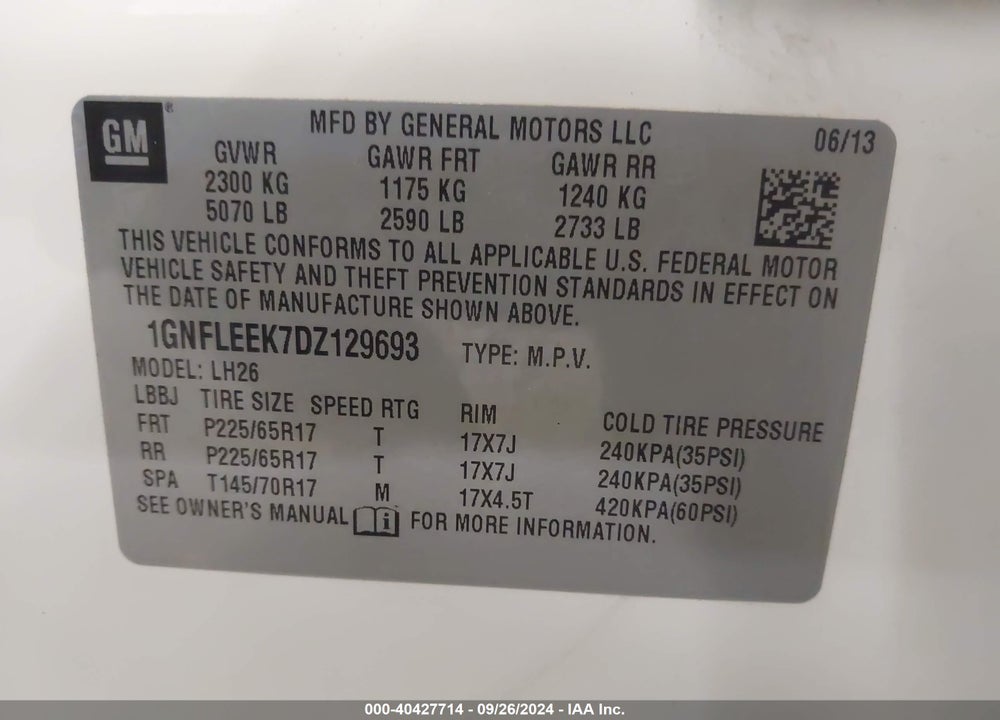 2013 CHEVROLET EQUINOX 1LT VIN: 1GNFLEEK7DZ129693