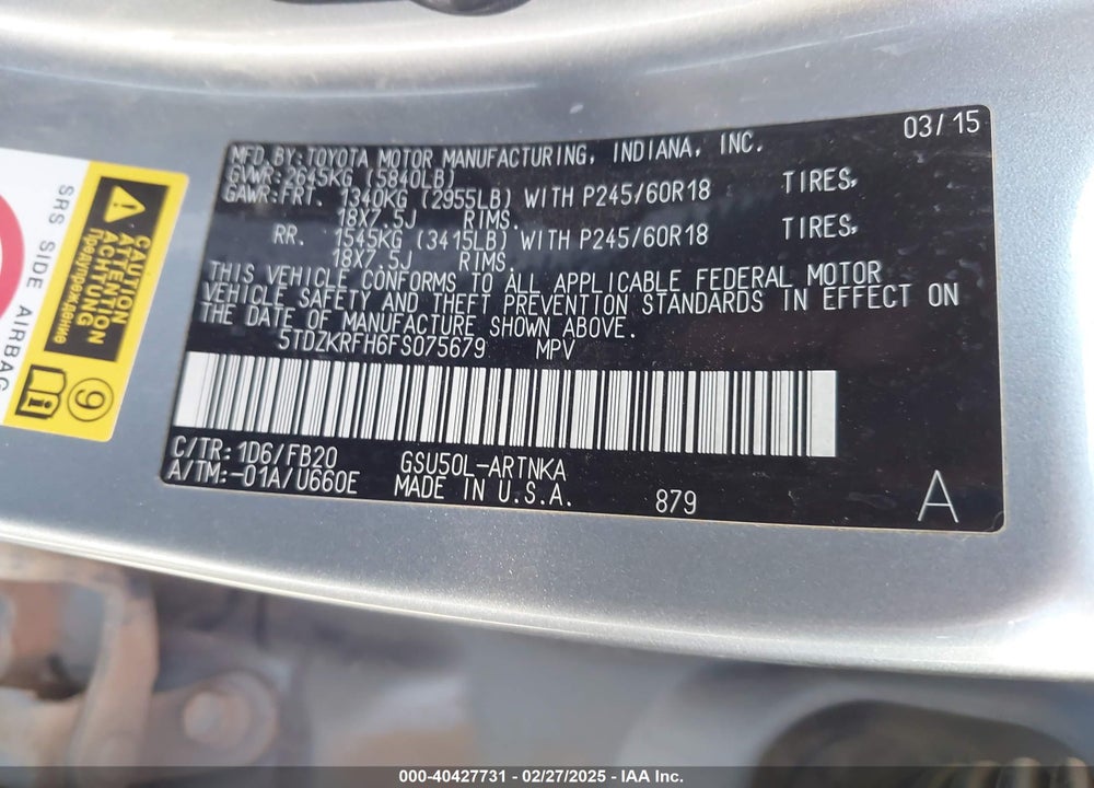 2015 TOYOTA HIGHLANDER VIN: 5TDZKRFH6FS075679