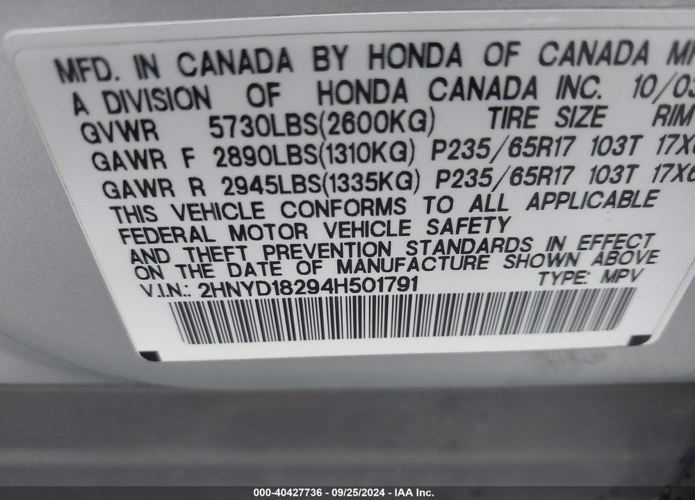 2004 ACURA MDX VIN: 2HNYD18294H501791
