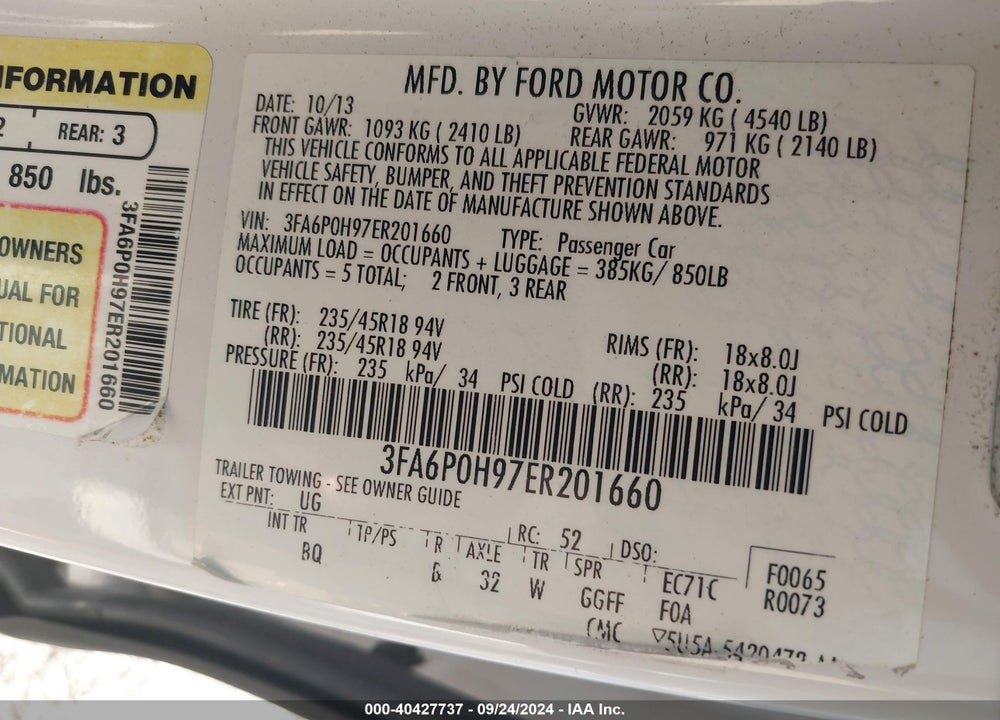 2014 FORD FUSION SE VIN: 3FA6P0H97ER201660