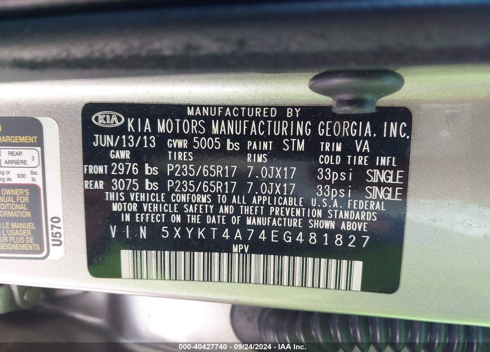 2014 KIA SORENTO LX V6 VIN: 5XYKT4A74EG481827
