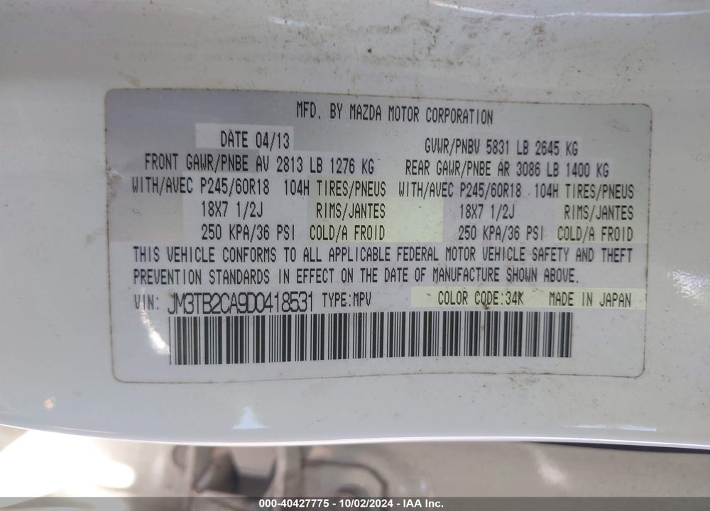 2013 MAZDA CX-9 VIN: JM3TB2CA9D0418531