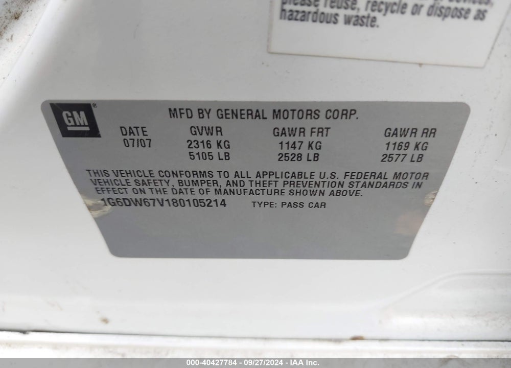 2008 CADILLAC STS V6 VIN: 1G6DW67V180105214