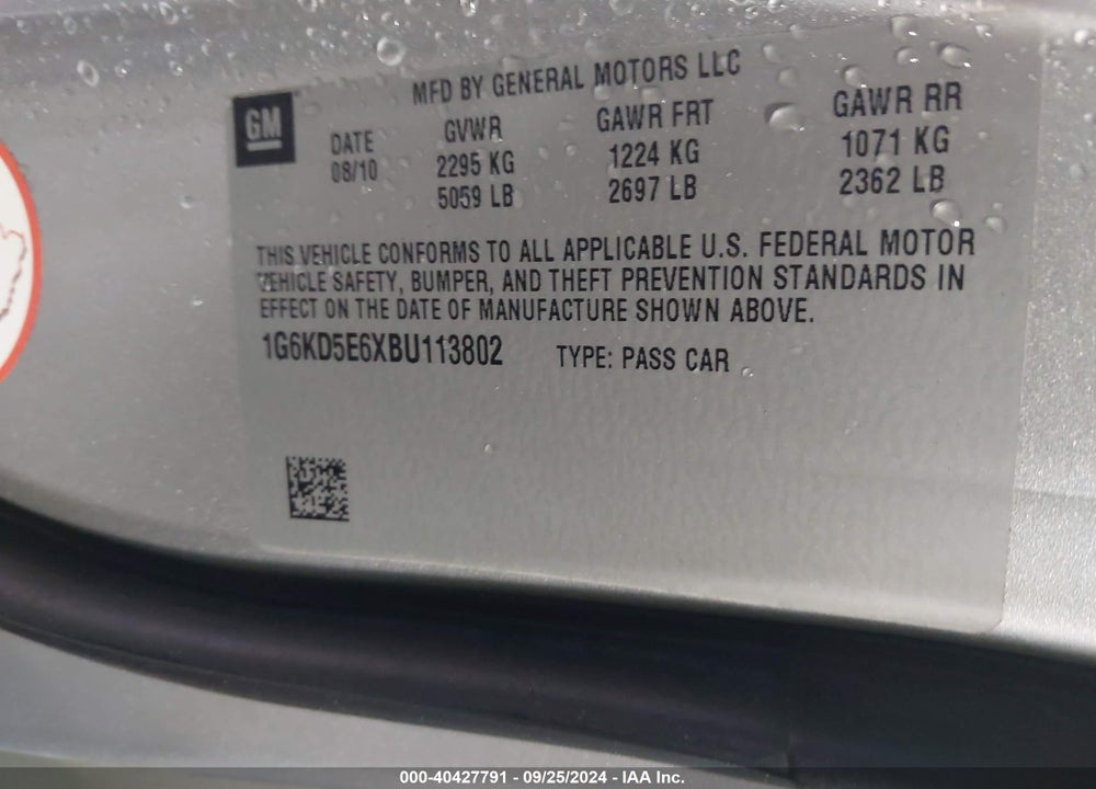 2011 CADILLAC DTS LUXURY COLLECTION VIN: 1G6KD5E6XBU113802