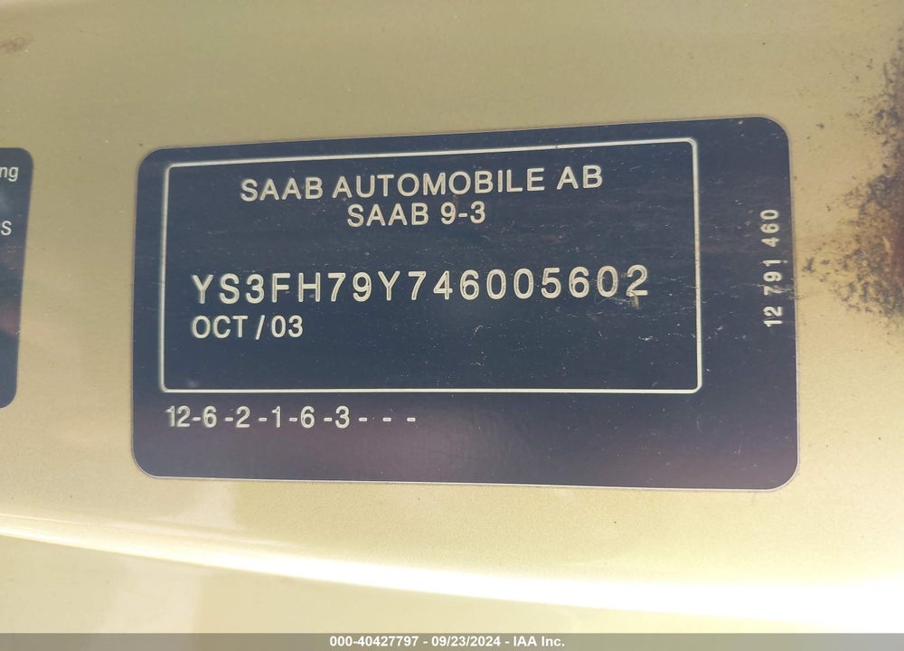 2004 SAAB 9-3 AERO VIN: YS3FH79Y746005602
