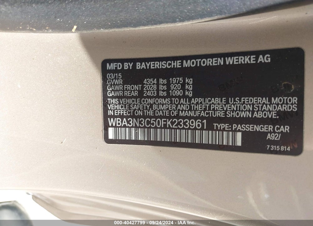 2015 BMW 428I VIN: WBA3N3C50FK233961