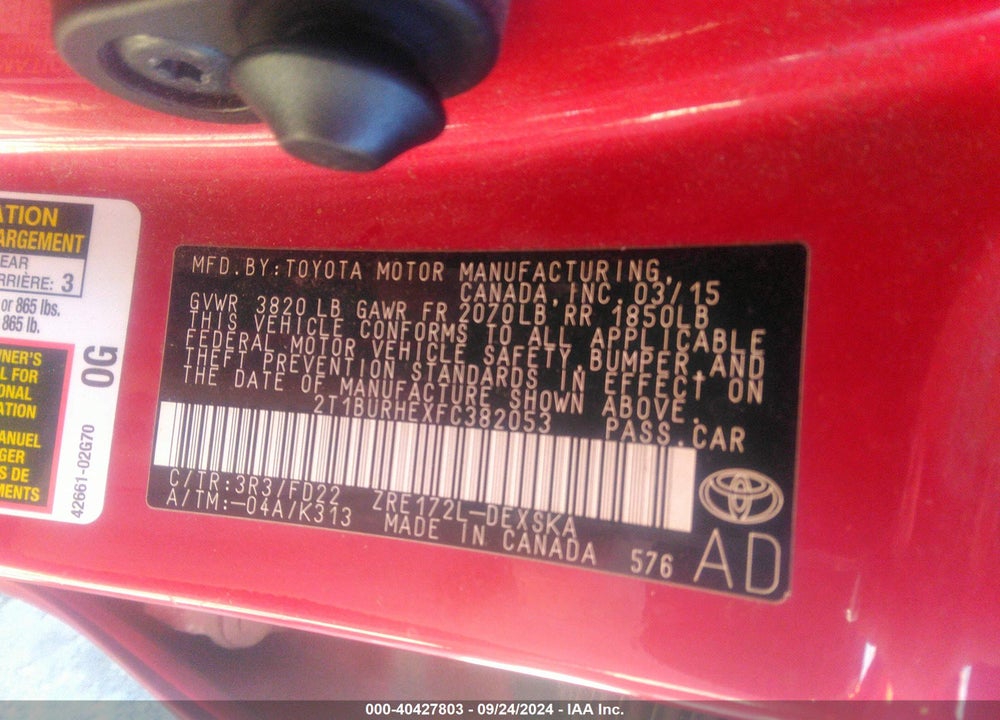 2015 TOYOTA COROLLA S VIN: 2T1BURHEXFC382053