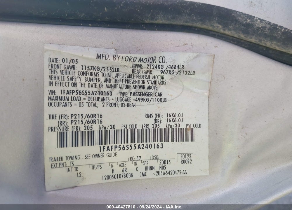 2005 FORD TAURUS SEL VIN: 1FAFP56S55A240163
