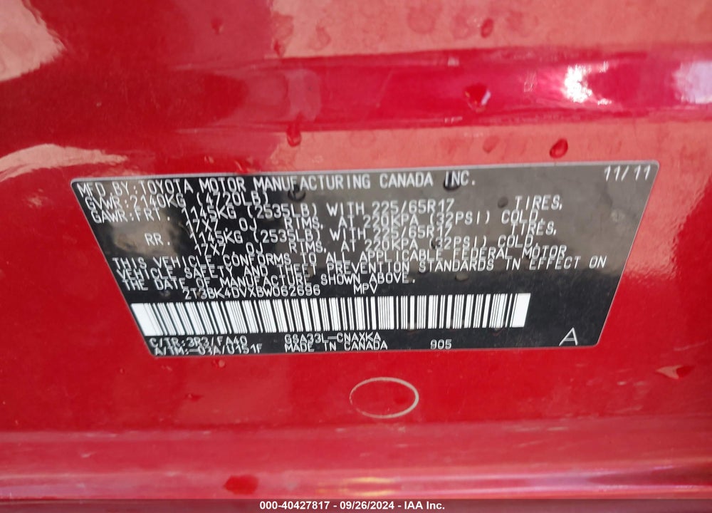 2011 TOYOTA RAV4 BASE V6 VIN: 2T3BK4DVXBW062696