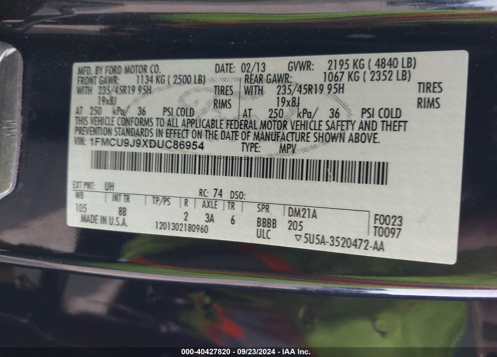 2013 FORD ESCAPE TITANIUM VIN: 1FMCU9J9XDUC86954