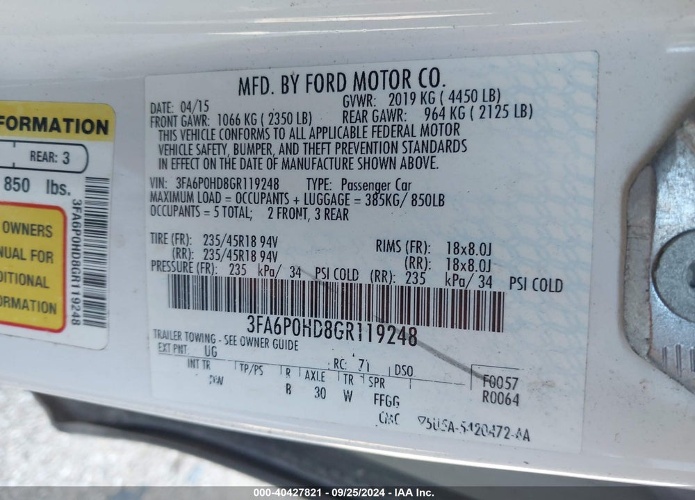 2016 FORD FUSION SE VIN: 3FA6P0HD8GR119248