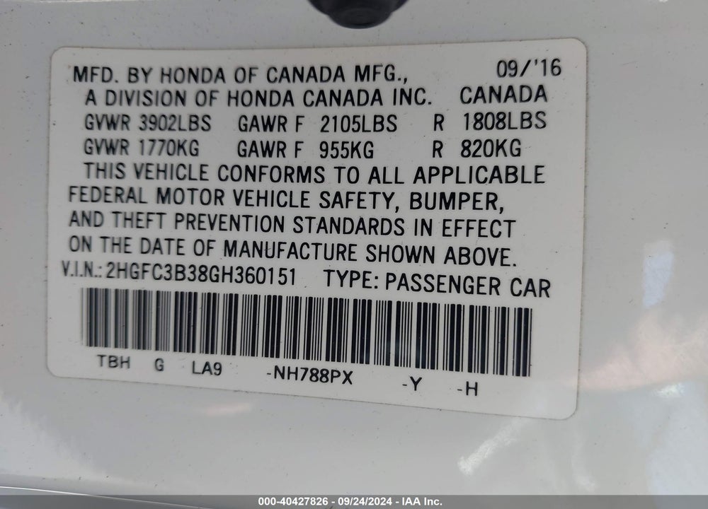2016 HONDA CIVIC EX-T VIN: 2HGFC3B38GH360151