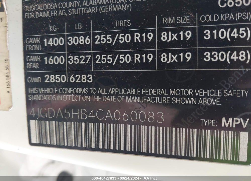 2012 MERCEDES-BENZ ML 350 4MATIC VIN: 4JGDA5HB4CA060083