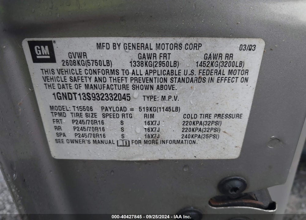 2003 CHEVROLET TRAILBLAZER LS VIN: 1GNDT13S932332045
