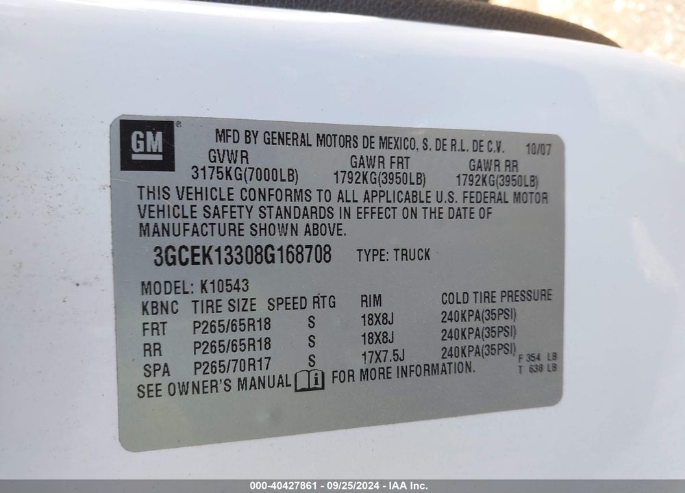 2008 CHEVROLET SILVERADO 1500 LT1 VIN: 3GCEK13308G168708