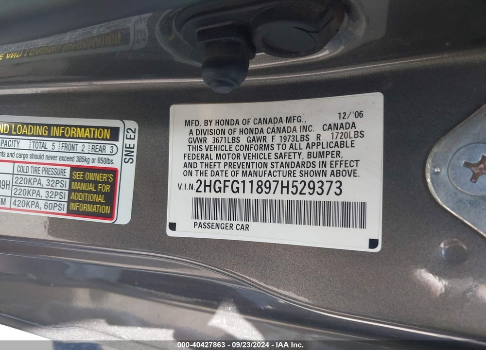 2007 HONDA CIVIC EX VIN: 2HGFG11897H529373