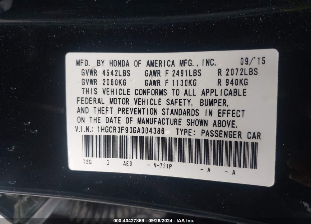 2016 HONDA ACCORD TOURING VIN: 1HGCR3F90GA004386