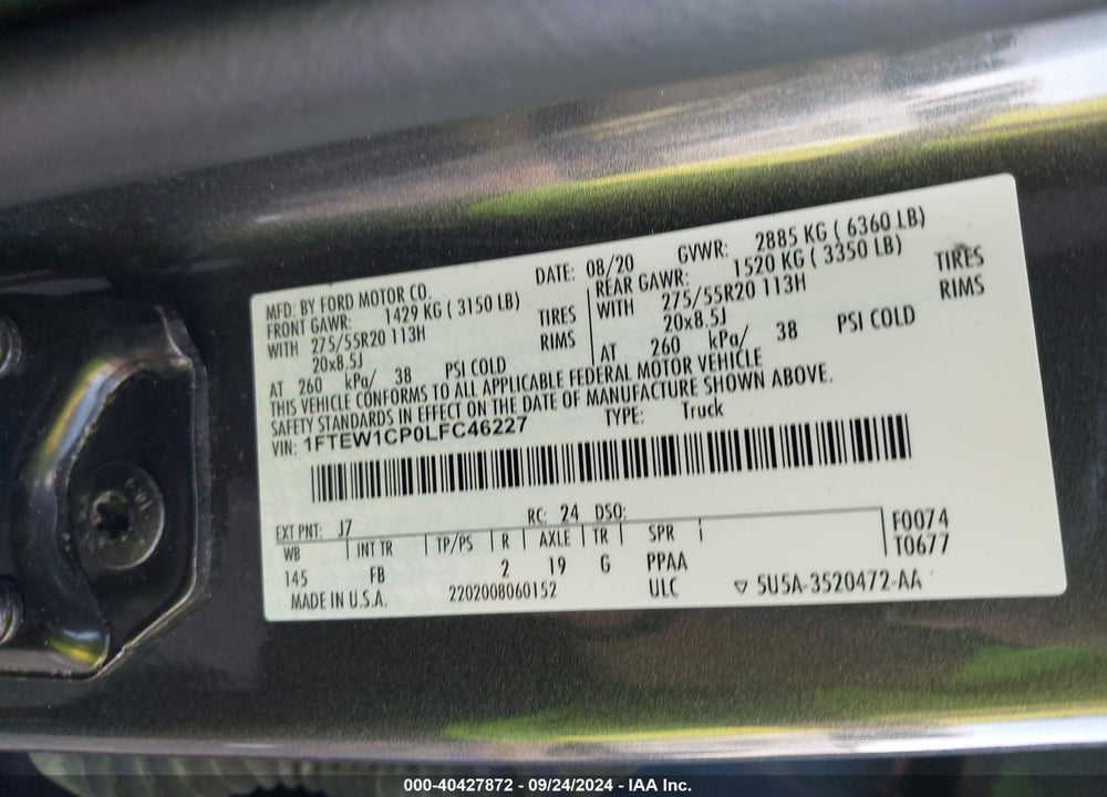 2020 FORD F-150 XLT VIN: 1FTEW1CP0LFC46227