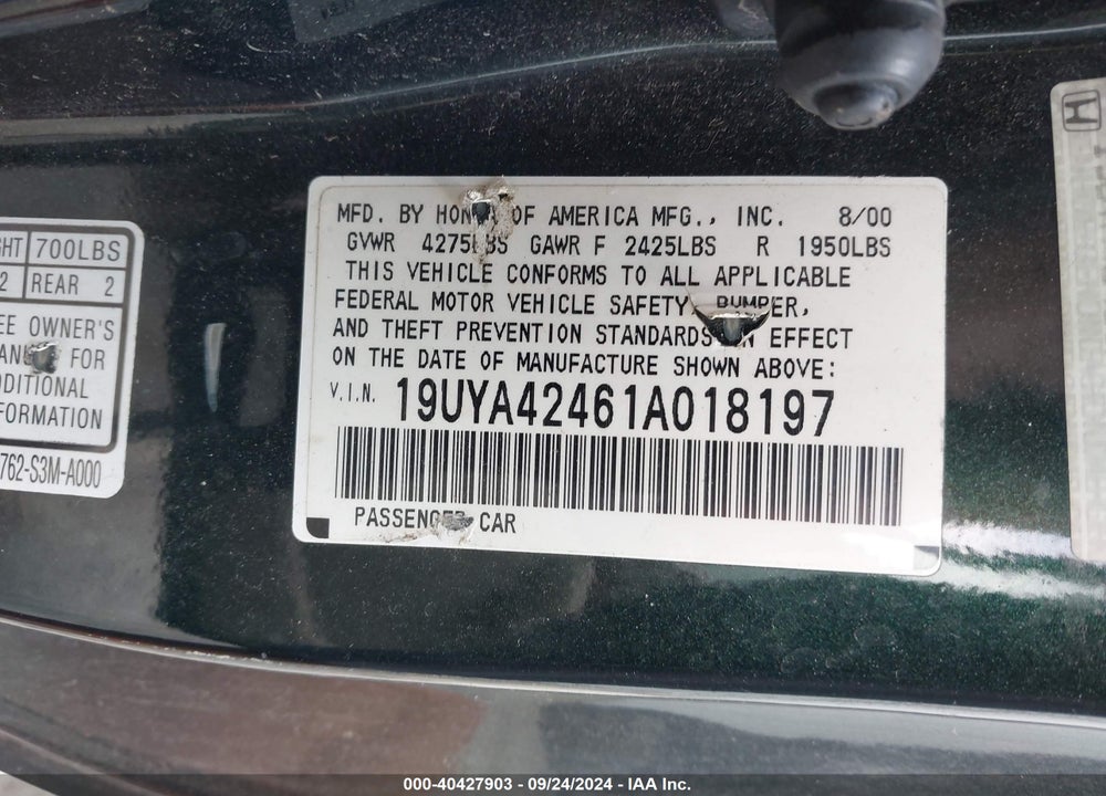 2001 ACURA CL 3.2 (A5) VIN: 19UYA42461A018197