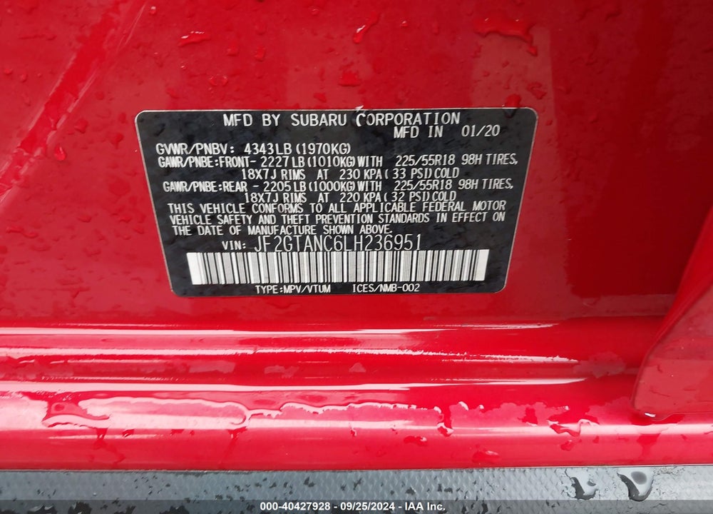 2020 SUBARU CROSSTREK LIMITED VIN: JF2GTANC6LH236951
