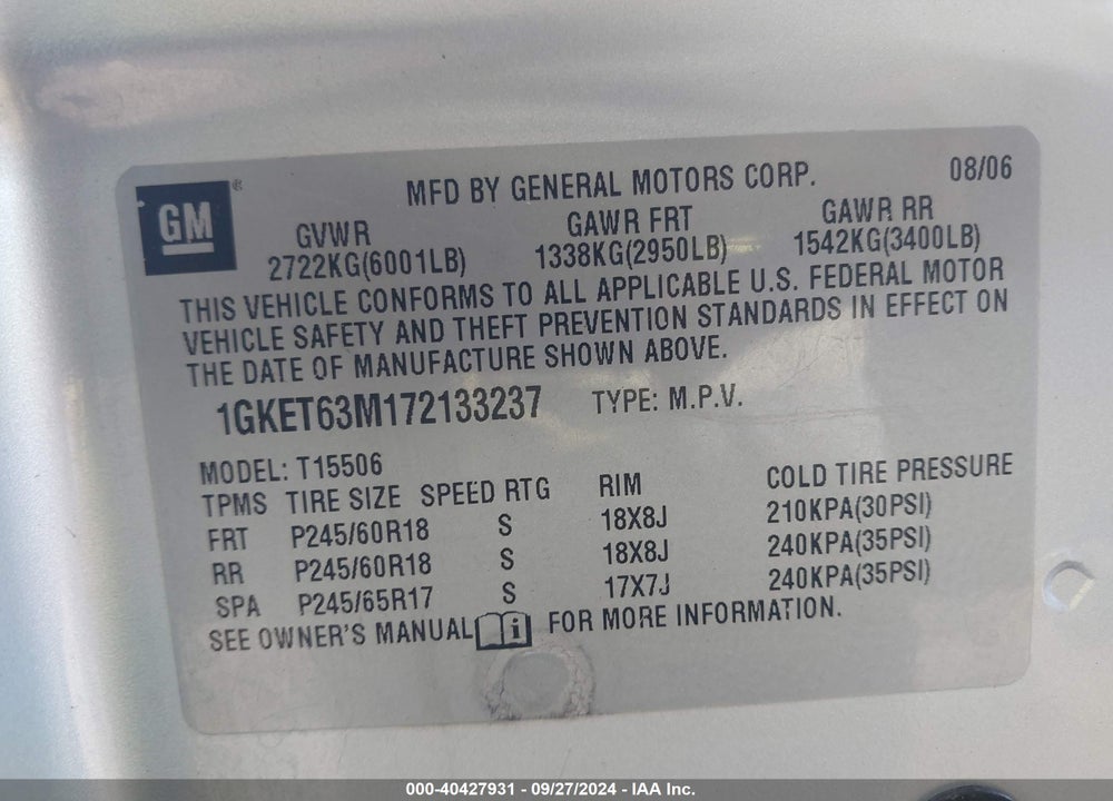 2007 GMC ENVOY DENALI VIN: 1GKET63M172133237