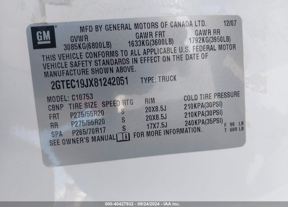 2008 GMC SIERRA 1500 SLE1 VIN: 2GTEC19JX81242051