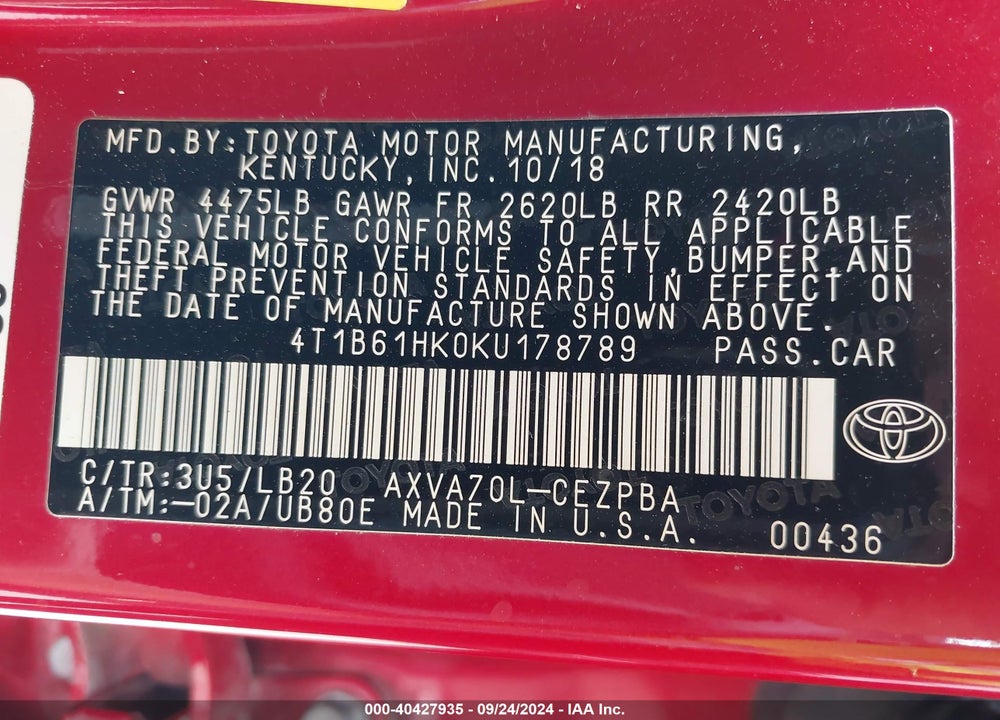 2019 TOYOTA CAMRY XSE VIN: 4T1B61HK0KU178789