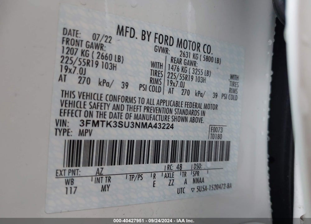 2022 FORD MUSTANG MACH-E PREMIUM VIN: 3FMTK3SU3NMA43224