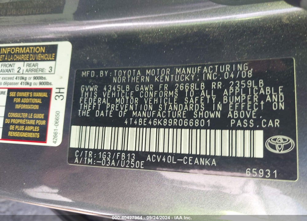 2009 TOYOTA CAMRY LE VIN: 4T4BE46K89R066801