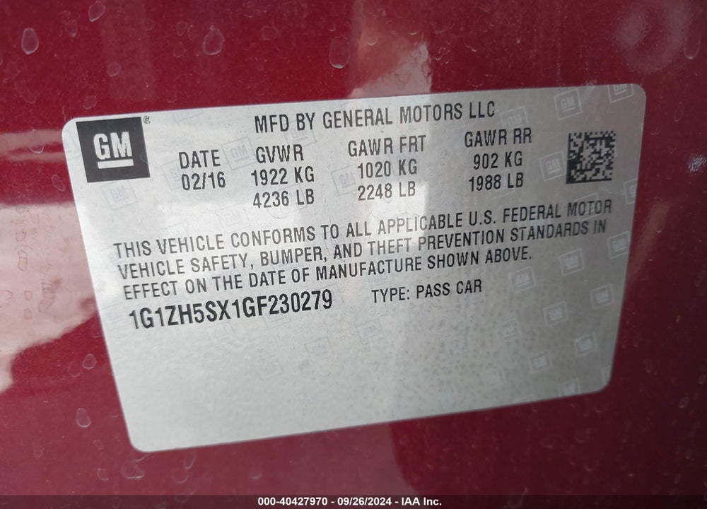 2016 CHEVROLET MALIBU PREMIER VIN: 1G1ZH5SX1GF230279